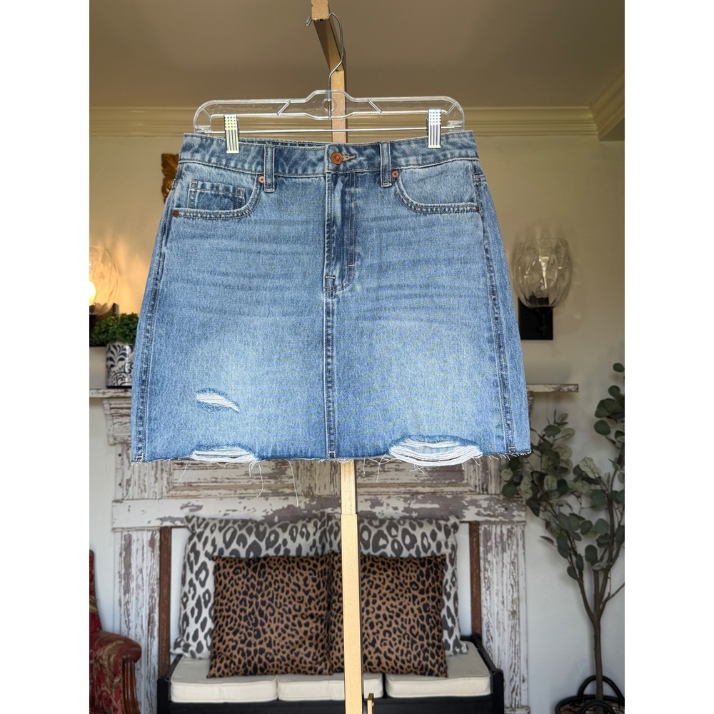 Hidden Los Angeles Denim Mini Skirt Distressed Raw Hem Medium Wash Size M